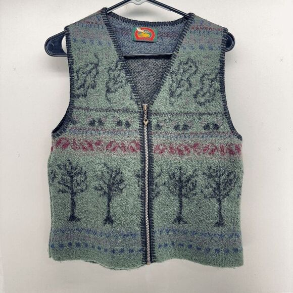Vintage Alps 100% Wool Womens Small Vest Trees Leaves Nature Scene V Neck Artsy - Picture 1 of 5